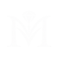MIYALIE white M monogram with a faceted gemstone above.
